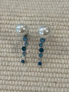 Pearl Top Earrings with Blue Crystal Drop Accent